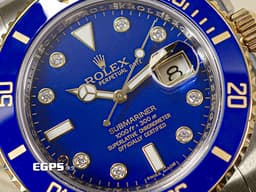 ROLEX 勞力士 Submariner Date 潛航者 116613LB 藍水鬼&nbsp;<font color="#84C1FF">原廠鑽石時標 絕版藍色漆面盤</font>&nbsp;陶瓷外圈 潛水錶 <font color="#fdeea5">18K黃金 半金款</font> 116613 LB 自動上鍊 40mm