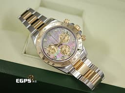ROLEX 勞力士 Cosmograph Daytona 宇宙計時型 迪通拿 116523NG&nbsp;<font color="#7046be">珍珠貝母錶面</font>&nbsp;<font color="#ecc55b">塘金計時盤</font> <font color="#a4f8f9">鑽石時標</font>&nbsp;18K黃金 半金款 計時碼表 116523 NG<font color="#FF0000">&nbsp;亂碼字頭 </font>自動上鍊 賽車錶<font color="#FF0000">&nbsp;</font>40mm
