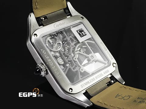 CARTIER 卡地亞 Santos-Dumont 山度士 杜蒙特 WHSA0044 黑色真漆不鏽鋼材質  飛機造型微型擺陀鏤空面盤  藍色凸圓形合成尖晶石錶冠 2026年保卡&nbsp;自動上鍊 31mm