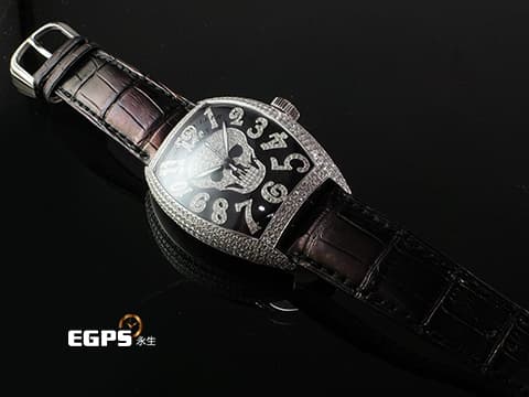 Franck Muller FM 法蘭穆勒 FM 8880 SC GOTH NBR D CD 酒桶型 18K白金材質 原廠鑲嵌鑽石錶殼、骷髏頭圖案面盤、立體經典阿拉伯數字時標 自動上鏈 44x54mm