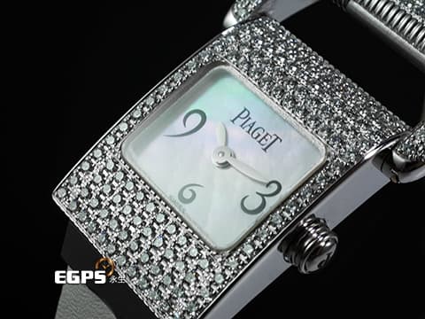 PIAGET 伯爵錶 Miss Protocole 18K白金材質&nbsp;白色珍珠貝母面盤 精鑲鑽石錶圈、錶耳 石英機芯 17x44mm