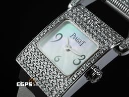 PIAGET 伯爵錶 Miss Protocole 18K白金材質&nbsp;<font color="#05f0f0">白色珍珠貝母面盤</font> 精鑲鑽石錶圈、錶耳 石英機芯 17x44mm