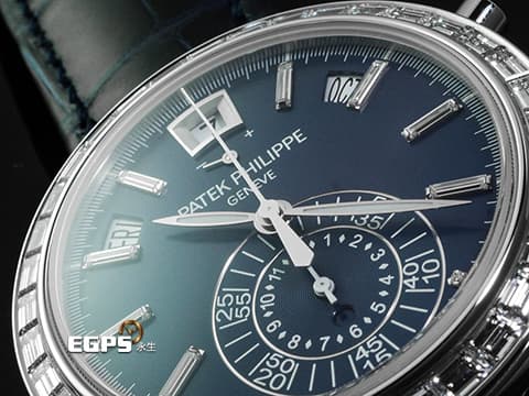 PATEK PHILIPPE 百達翡麗 PP錶 5961P-001  
複雜功能飛返計時年曆錶 PT950鉑金材質 原廠鑲嵌長方形透明鑽石時標、錶圈、錶扣&nbsp;藍色面盤 2021年保單 錶友蒐藏未使用品&nbsp;自動上鍊 40.5mm