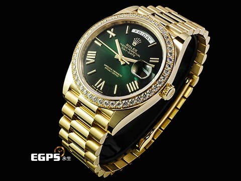 ROLEX 勞力士 DayDate 40 228348RBR 18K黃金材質 228348 原廠鑲嵌鑽石錶圈 煙燻綠色面盤&nbsp;2026年保卡  自動上鍊 40mm