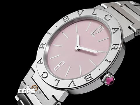 BVLGARI 寶格麗 Bulgari Lady系列 103711 不鏽鋼材質&nbsp;粉紅色面盤 鑲嵌粉色尖晶石錶冠&nbsp;2026年保卡&nbsp;石英機芯 33mm