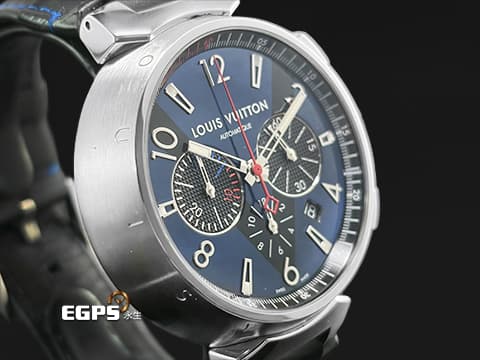 LOUIS VUITTON 路易威登 Tambour系列 Blue Chronograph Q102V0 法式頂級時尚與硬核機械工藝品 側面鐫刻 LOUIS VUITTON 字母 金屬藍黑色大型V字面盤&nbsp;計時碼錶 自動上鍊 44mm