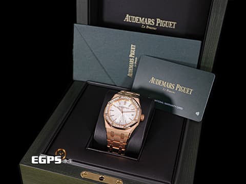 Audemars Piguet 愛彼 AP錶 Royal Oak 皇家橡樹 15551OR.ZZ.1356OR.04 原廠鑲嵌鑽石錶圈 白色Grande Tapisserie格紋錶盤&nbsp;15510 OR 玫瑰金&nbsp;2023年保卡&nbsp;自動上鍊 37mm