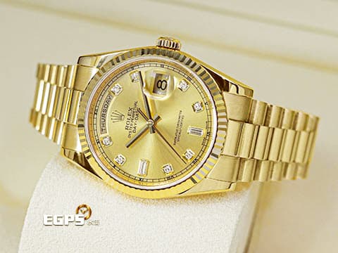 ROLEX 勞力士 Day-Date 36 蠔式 星期日曆型 118238A 原廠鑽石時標 皇帝金色面盤 18K黃金材質 DD36 經典三角坑紋錶圈 118238 A 元首型（President）錶帶 總統帶 自動上鍊 36mm