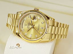 ROLEX 勞力士 Day-Date 36 蠔式 星期日曆型 118238A <font color="#f5e57a">原廠鑽石時標 皇帝金色面盤 18K黃金材質</font> DD36 經典三角坑紋錶圈 118238 A <font color="#ff0000">元首型（President）錶帶 總統帶</font> 自動上鍊 36mm