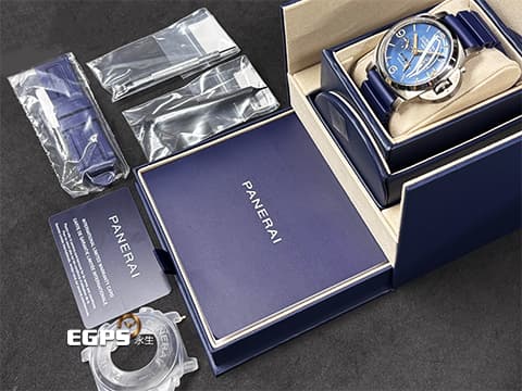 PANERAI 沛納海 Luminor 1950 PAM670 PAM00670 GMT 8日鏈 鈦金屬材質 時間時差顯示功能 月份、日期顯示 第二時區日夜顯示 藍色放射紋面盤  Equation of Time 時間等式 2024年保卡  動力儲存顯示 手動上鏈 47mm
