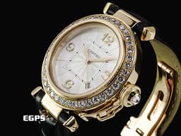 CARTIER 卡地亞 PASHA DE CARTIER 帕夏 2519 大型款 18K黃金材質&nbsp;<font color="#05f0f0">原廠鑲嵌鑽石錶圈</font>&nbsp;<font color="#0582f5">白色扭索面盤 極具辨識度的鑲嵌鑽石錶冠鎖設計</font>&nbsp;自動上鏈 32mm
