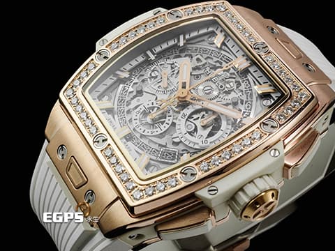 HUBLOT 宇舶 Spirit of Big Bang 大爆炸 靈魂系列 King Gold Blue 王金材質 642.OE.2010.RW 計時碼錶 酒桶型 鏤空面盤 原廠鑲嵌鑽石錶圈 2023年電子式保單 自動上鍊 42mm
