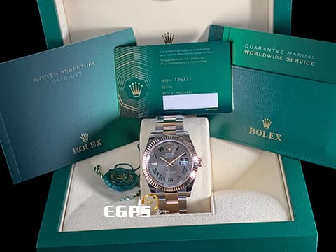 ROLEX 勞力士 Datejust 41 蠔式日誌型 126331 石板灰色面盤搭配綠色羅馬時標&nbsp;永恆玫瑰金 半金款 DJ41 經典三角坑紋錶圈 2021年新式保卡 蠔式（Oyster）三節板帶 自動上鍊 41mm