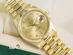 ROLEX 勞力士 Day-Date 36 蠔式 星期日曆型 18238A 18K黃金材質&nbsp;<font color="#f7da45">原廠鑽石時標 皇帝金色面盤</font><font color="#FF0000">&nbsp;</font>DD36 經典三角坑紋錶圈&nbsp;<font color="#ff0000">元首型（President）錶帶 總統帶</font> 自動上鍊 36mm