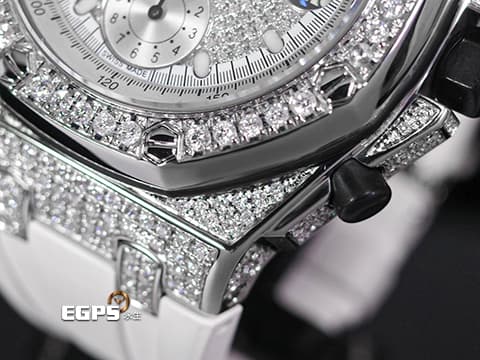 Audemars Piuget 愛彼 AP錶 Royal Oak Offshore &nbsp;皇家橡樹離岸型 不鏽鋼材質    精鑲鑽石滿天星面盤、鑲鑽錶圈、鑲鑽錶殼 &nbsp;自動上鍊 計時碼表 42mm