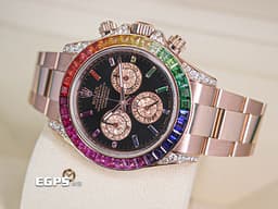 ROLEX 勞力士 DAYTONA 迪通拿 116505 <font color="#ff8647">18K玫瑰金材質</font> 鍊帶款 計時碼表 自動上鍊 精鑲漸層彩紅色寶石於錶圈及時標 精鑲鑽石於錶耳及護肩 <font color="#FF0000">看不到也買不到的116595 RBOW彩紅寶石圈，現在只以一百多萬便能擁有迷倒眾人的彩虹圈，還不趕快過來賞錶！！</font>自動上鍊&nbsp;40mm