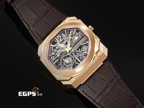 BVLGARI 寶格麗 Bulgari Octo Finissimo系列 Skeleton 8 Days 103667 18K玫瑰金材質&nbsp;超薄5.95mm 鏤空面盤 動力儲存顯示 經典八角形多稜角設計錶框 八日鍊 小秒針 超薄機械機芯&nbsp;2025年保卡 官方新錶訂價：1,271,000元&nbsp;手上鏈 40mm