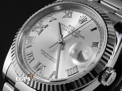 ROLEX 勞力士 Datejust 36 蠔式日誌型 126234 不鏽鋼材質 原廠鑲嵌鑽石VI IX時標 銀灰色太陽紋放射面盤&nbsp;2024年保單 蠔式（Oyster）三節板帶 自動上鍊 36mm