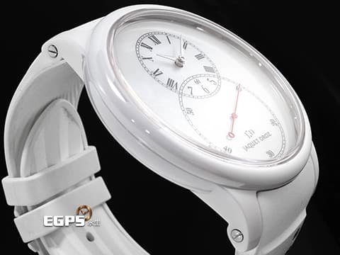 JAQUET DROZ 雅克德羅 JD錶 Grande Seconde J003036208 白色陶瓷材質 白色珍珠貝母面盤 原廠鑲嵌鑽石裝飾白色錶帶&nbsp;2021年保卡 新錶訂價：566,000元&nbsp;自動上鍊 44mm