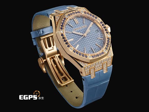Audemars Piguet 愛彼 AP錶 Royal Oak 皇家橡樹 15551OR.ZS.D344CR.01 原廠鑲滿漸層藍色藍寶石錶圈 水藍色Grande Tapisserie格紋錶盤 原廠鑲嵌鑽石錶殼&nbsp;2025年保卡&nbsp;自動上鍊 37mm