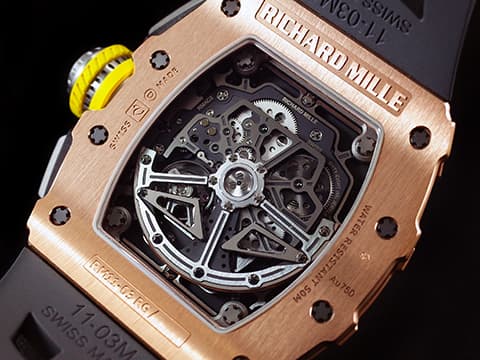 RICHARD MILLE 理查德•米勒  RM011 03   RM 011-03RG  飛返計時  雙發條盒 18K玫瑰金  3D立體鏤空面盤  可變式幾何結構自動盤  五級鈦合金PVD塗層機芯   特殊金花鍵螺絲   賽車元素設計  頂級製錶工藝   !   錶界王者頂峰&nbsp;2018年保卡&nbsp; 酒桶型 計時碼表  自動上鏈 49.94 x 44.50 x 16.15 mm