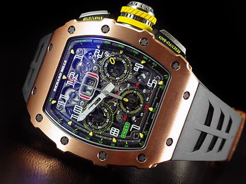 RICHARD MILLE 理查德•米勒  RM011 03   RM 011-03RG  飛返計時  雙發條盒 18K玫瑰金  3D立體鏤空面盤  可變式幾何結構自動盤  五級鈦合金PVD塗層機芯   特殊金花鍵螺絲   賽車元素設計  頂級製錶工藝   !   錶界王者頂峰&nbsp;2018年保卡&nbsp; 酒桶型 計時碼表  自動上鏈 49.94 x 44.50 x 16.15 mm