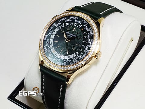 Patek philippe 百達翡麗 PP錶 Complications 複雜功能時計 World Time 世界時區 7130R-014 18K玫瑰金材質&nbsp;&nbsp;原廠鑲嵌89顆鑽石（1.09 克拉）錶圈、錶扣&nbsp;綠色手工雕紋面盤 2025年保單 新錶訂價：2,038,000元 自動上鍊 36mm