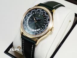 Patek philippe 百達翡麗 PP錶 Complications 複雜功能時計 World Time 世界時區 7130R-014 18K玫瑰金材質&nbsp;&nbsp;<font color="#70cce1">原廠鑲嵌89顆鑽石（1.09 克拉）錶圈、錶扣&nbsp;</font><font color="#9cd3a7">綠色手工雕紋面盤</font> <font color="#FF0000">2025年保單 新錶訂價：2,038,000元</font> 自動上鍊 36mm