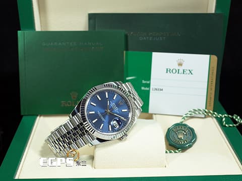 ROLEX 勞力士 Datejust 41 蠔式日誌型 126334 亮藍色面盤 柱狀夜光時標 不鏽鋼 DJ41 經典三角坑紋錶圈 2019保卡 紀念型（Jubilee）五銖錶帶 自動上鍊 41mm