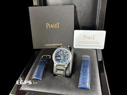 PIAGET 伯爵 Polo skeleton系列 G0A45004 <font color="#2828FF">藍色鏤空面盤 微型自動盤超薄鏤空機芯</font>&nbsp;枕型 不鏽鋼 <font color="#FF0000">2023年保單 新式快拆錶帶 另附原廠藍色皮錶帶</font> 自動上鍊 42mm