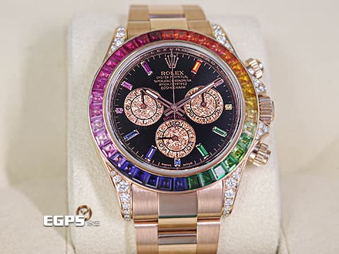 ROLEX 勞力士 DAYTONA 迪通拿 116505 18K玫瑰金材質 鍊帶款 計時碼表 自動上鍊 精鑲漸層彩紅色寶石於錶圈及時標 精鑲鑽石於錶耳及護肩 看不到也買不到的116595 RBOW彩紅寶石圈，現在只以一百多萬便能擁有迷倒眾人的彩虹圈，還不趕快過來賞錶！！自動上鍊&nbsp;40mm