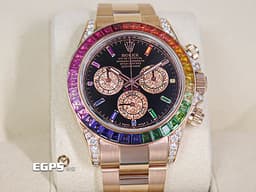 ROLEX 勞力士 DAYTONA 迪通拿 116505 <font color="#ff8647">18K玫瑰金材質</font> 鍊帶款 計時碼表 自動上鍊 精鑲漸層彩紅色寶石於錶圈及時標 精鑲鑽石於錶耳及護肩 <font color="#FF0000">看不到也買不到的116595 RBOW彩紅寶石圈，現在只以一百多萬便能擁有迷倒眾人的彩虹圈，還不趕快過來賞錶！！</font>自動上鍊&nbsp;40mm