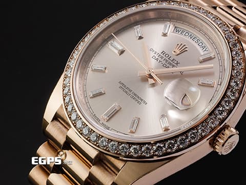 ROLEX 勞力士 DayDate DD 40 永恆玫瑰金 228345RBR 18K永恆玫瑰金材質 日亮金色面盤 原廠鑲嵌鑽石錶圈 方形鑽石時標 2018年保卡 已貼膜 自動上鏈 40mm