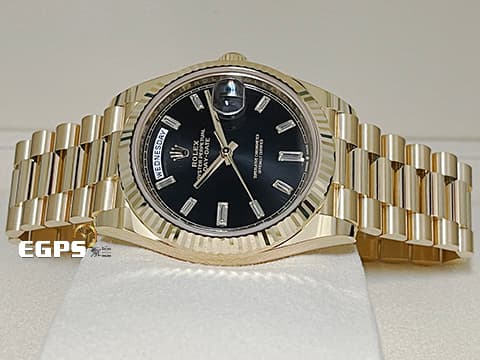 ROLEX 勞力士 Day-Date 228238 黃K金材質 蠔式 DD40 2025年新式保卡 黑冰糖 原鑲梯鑽時標黑色面盤 自動上鍊 40mm