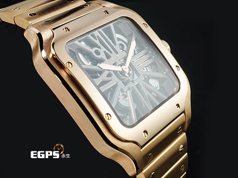CARTIER 卡地亞 Santos de Cartier 山度士 WHSA0016 18K玫瑰金材質 鏤空面盤 金色鍍層飾面劍形指針 鑲嵌1顆刻面藍寶石七邊形錶冠&nbsp;新式「QuickSwitch」錶帶快拆系統 附原廠鱷魚皮錶帶 2026年保卡 整支重約6.4兩 官方訂價：2,450,000元&nbsp;自動上鍊 47.5x39.7mm