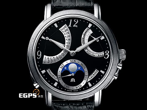 MAURICE LACROIX 艾美 Masterpiece 匠心系列 MP7078-SS001-320 星期顯示 逆跳日期 動力儲存顯示 月相盈虧&nbsp;手工大塊日內瓦波紋 不鏽鋼材質 手上鏈 43.5mm