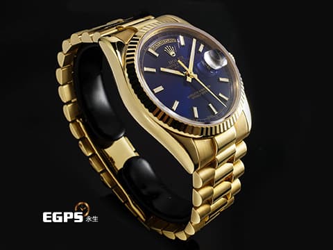ROLEX 勞力士 Day-Date 36 蠔式 星期日曆型 118238 18K黃金材質 DD36 經典三角坑紋錶圈 藍色面盤&nbsp;元首型（President）錶帶 總統帶 自動上鍊 36mm