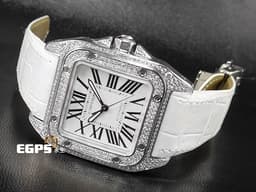 CARTIER 卡地亞 Santos100 山度士 W20126X8 中型 不鏽鋼 大三針&nbsp;<font color="#ff0000">銀色白瓷面盤、劍形黑鋼夜光指針、羅馬數字時標 精鑲鑽石錶框錶耳</font>&nbsp;自動上鏈 33mm x 44mm