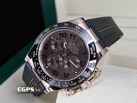 ROLEX 勞力士 Cosmograph Daytona 宇宙計時型 迪通拿 116515LN&nbsp;絕版阿拉伯數字時標巧克力色面盤 搭配Rubber B橡膠錶帶 116515 LN 永恆玫瑰金&nbsp;陶瓷外圈 計時碼表&nbsp;2016年保卡&nbsp;賽車錶 自動上鍊 40mm
