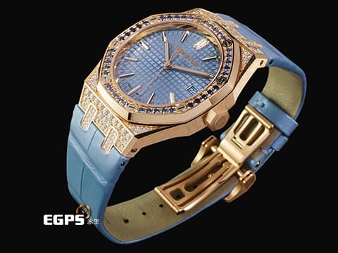 Audemars Piguet 愛彼 AP錶 Royal Oak 皇家橡樹 15551OR.ZS.D344CR.01 原廠鑲滿漸層藍色藍寶石錶圈 水藍色Grande Tapisserie格紋錶盤 原廠鑲嵌鑽石錶殼&nbsp;2025年保卡&nbsp;自動上鍊 37mm
