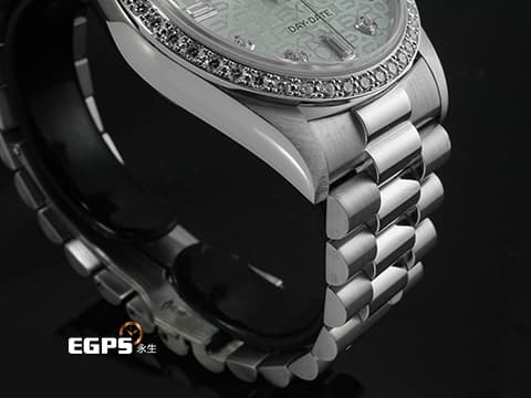 ROLEX 勞力士 Oyster Perpetual Day-Date 18346 蠔式 DD 星期日曆型 PT950 鉑金材質&nbsp;原廠鑲嵌鑽石錶圈、時標 冰藍色經典電腦浮雕紀念面盤『極為少見的鉑金羚羊頭圖騰』＊絕版增值中 自動上鏈 36mm