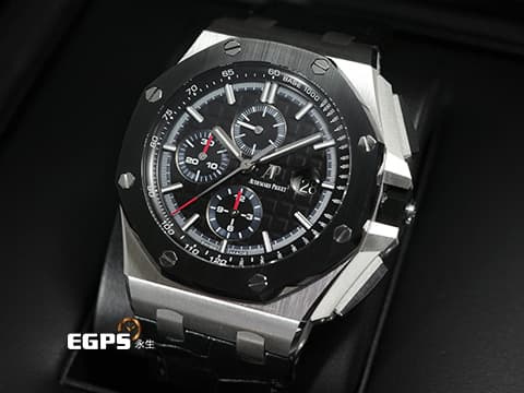 Audemars Piguet 愛彼 AP錶 Royal Oak Offshore 皇家橡樹 離岸型 PT950 鉑金材質錶殼 26411PO.OO.A002CR.01 黑色陶瓷框 經典黑色大型格紋面盤搭配藍色計時圈 計時碼表 26411 PO 限量20只 2018年保卡 自動上鍊 44mm