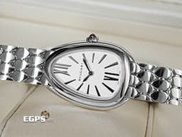 BVLGARI 寶格麗 Serpenti Seduttori系列 103937 <font color="#c2c1c1">銀白色面盤搭配羅馬數字時標</font>&nbsp;經典&nbsp;<font color="#fa00fa">六角形蛇鱗鍊節錶帶</font>&nbsp;不鏽鋼材質&nbsp;<font color="#FF0000">2026年保單</font>&nbsp;石英機芯 33mm