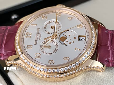 Patek philippe 百達翡麗 PP錶 4947R 玫瑰金材質 銀白色面盤 4947R-001 原廠鑲鑽 年曆錶 月相盈虧 自動上鍊 複雜功能系列 年曆 月相 原廠鑲鑽 PP印記，2024年保單   此錶歡迎各路錶友以 PP、AP、RM、勞力士 來店交換，本店將以最高價評估～ 38mm