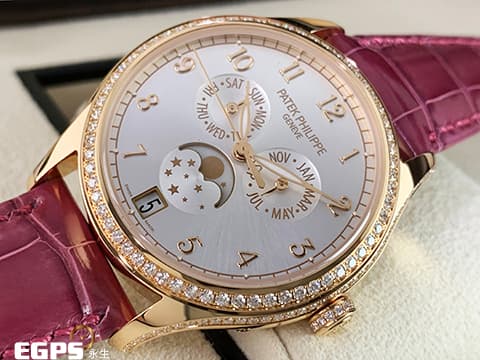 Patek philippe 百達翡麗 PP錶 4947R 玫瑰金材質 銀白色面盤 4947R-001 原廠鑲鑽 年曆錶 月相盈虧 自動上鍊 複雜功能系列 年曆 月相 原廠鑲鑽 PP印記，2024年保單   此錶歡迎各路錶友以 PP、AP、RM、勞力士 來店交換，本店將以最高價評估～ 38mm