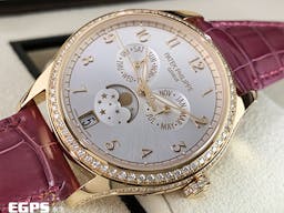 Patek philippe 百達翡麗 PP錶 4947R 玫瑰金材質 銀白色面盤 4947R-001 原廠鑲鑽 年曆錶 月相盈虧 自動上鍊 <font color=#FF0000>複雜功能系列 年曆 月相 原廠鑲鑽 PP印記，2024年保單</font>  <font color=#FFFF33> 此錶歡迎各路錶友以 PP、AP、RM、勞力士 來店交換，本店將以最高價評估～</font> 38mm