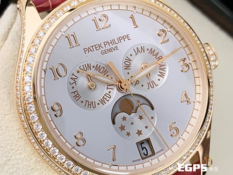 Patek philippe 百達翡麗 PP錶 4947R 玫瑰金材質 銀白色面盤 4947R-001 原廠鑲鑽 年曆錶 月相盈虧 自動上鍊 複雜功能系列 年曆 月相 原廠鑲鑽 PP印記，2024年保單   此錶歡迎各路錶友以 PP、AP、RM、勞力士 來店交換，本店將以最高價評估～ 38mm