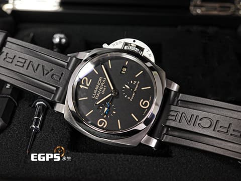 PANERAI 沛納海 Luminor 1950 3 Days GMT Power Reserve PAM01321 經典三明治面盤 淡褐色夜光時標 菸草面&nbsp;PAM1321 藍色小秒針 三日鍊 GMT 兩地時間 動能儲存顯示 2023年台灣公司貨 自動上鍊  44mm