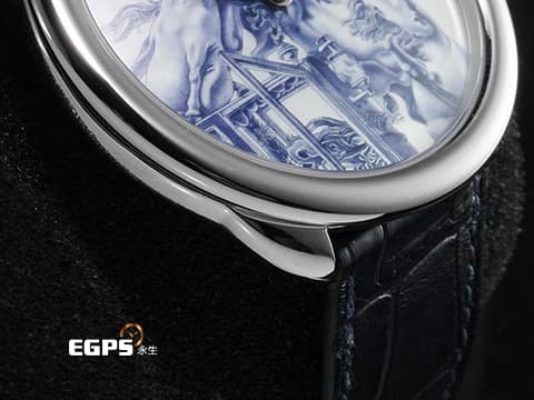HERMES 愛馬仕 ARCEAU系列 Grand carrosse royal 自由野性的豪華皇家馬車 18K白金材質 微繪工藝腕錶 彩繪珍珠母貝面盤 限量12只 新錶參考訂價：2,402,000 元 自動上鍊 41mm