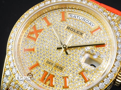 ROLEX 勞力士 Day-Date 36 蠔式 星期日曆型 128159RBR&nbsp;18K黃金材質 128159&nbsp;原廠鑲嵌滿天星鑽石面盤、錶圈、錶殼、錶扣 橘色琺瑯羅馬數字時標&nbsp;DD36 經典 官網型錄查不到的隱藏版&nbsp;2025年保卡  自動上鏈 36mm